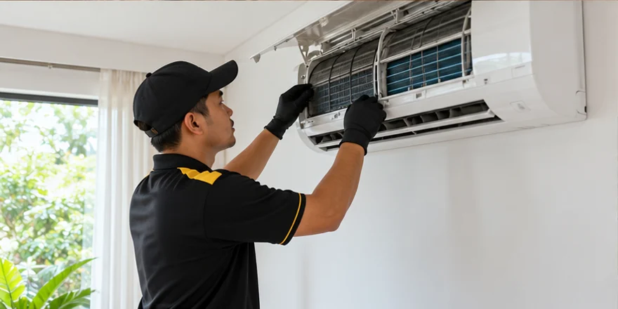 Ilustrasi juruteknik lelaki memeriksa aircond di rumah