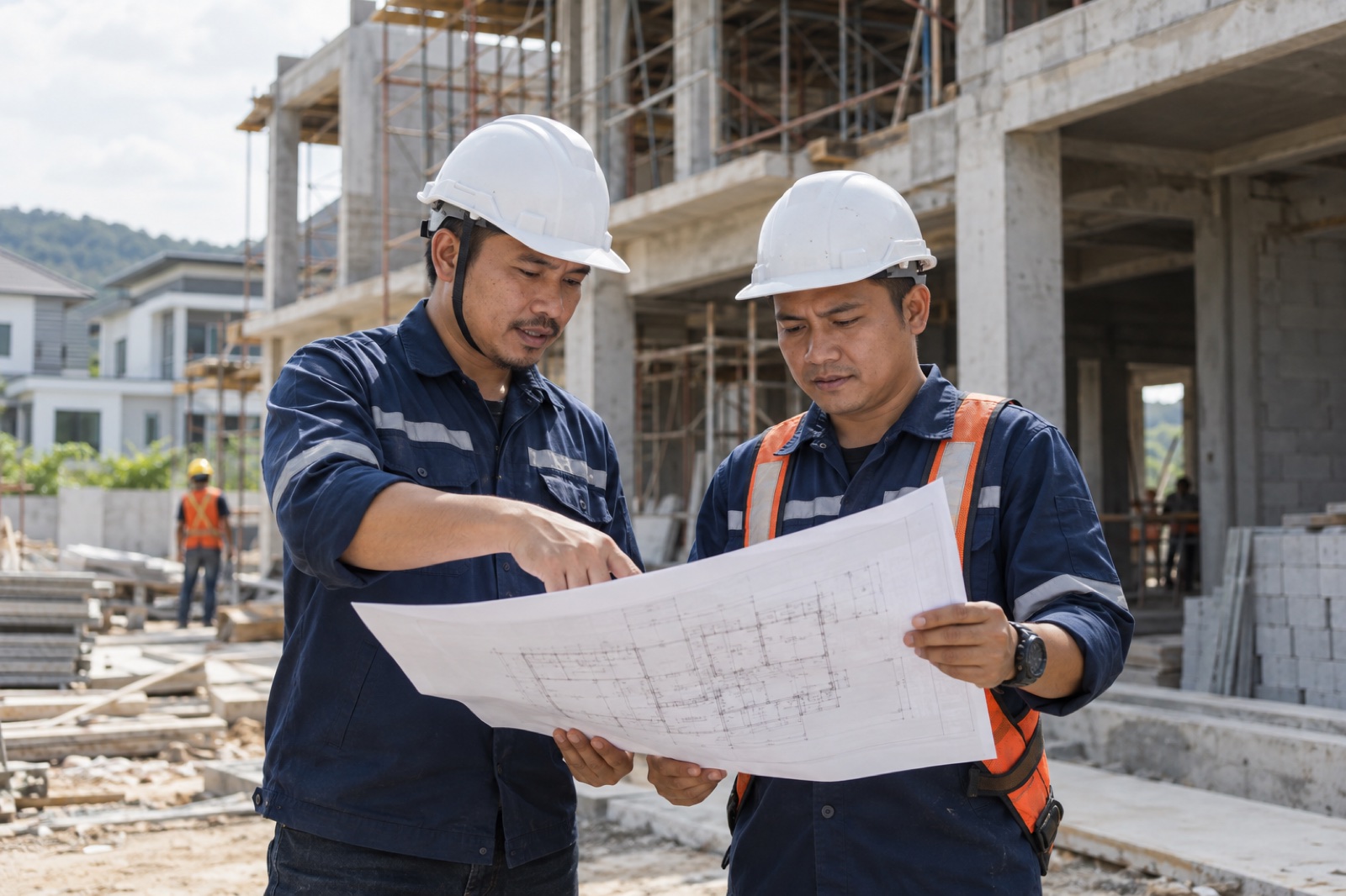 Dua profesional pembinaan menyemak pelan di tapak projek