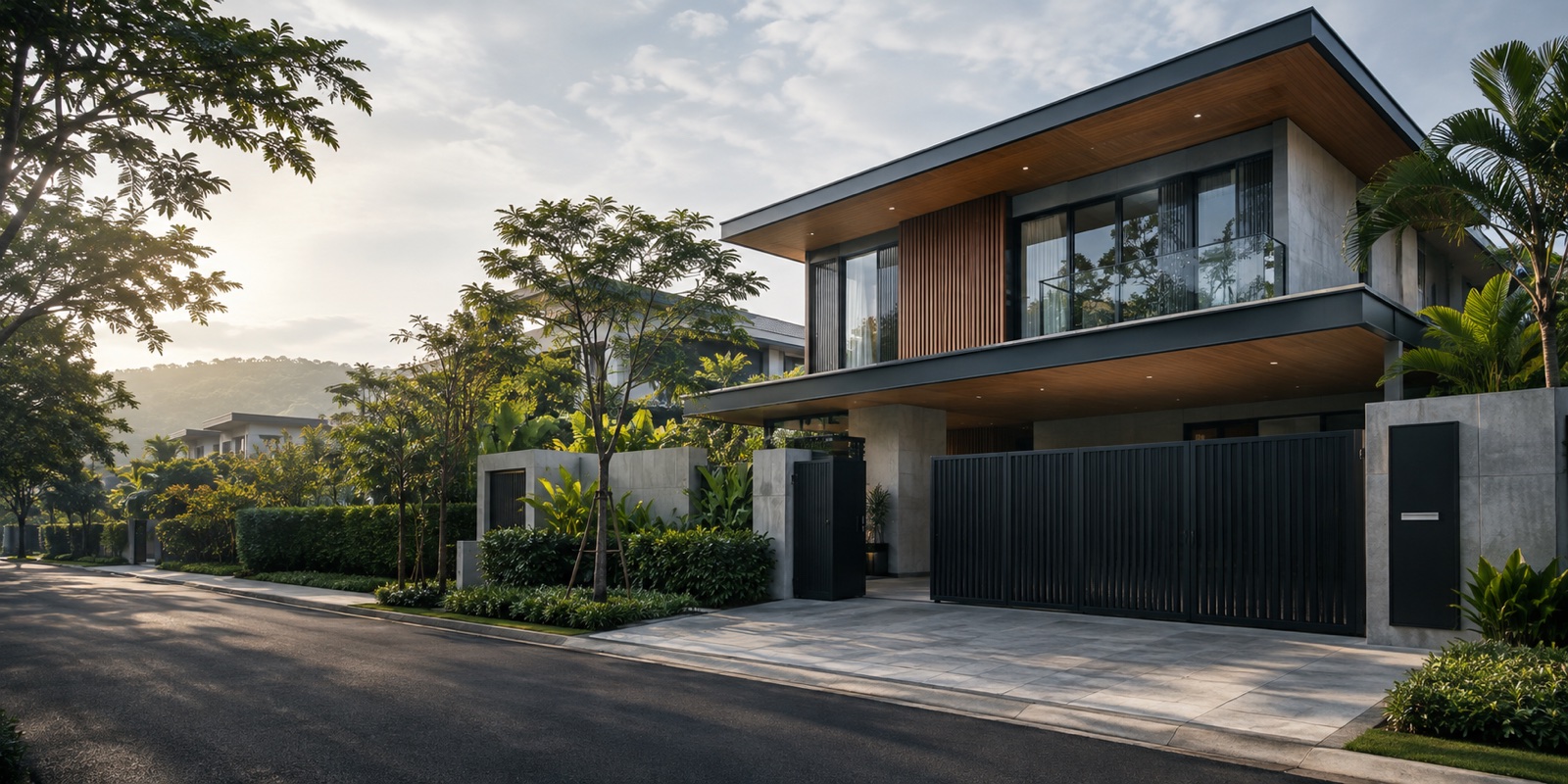 Rumah moden dua tingkat dengan kemasan kayu dan landskap tropika