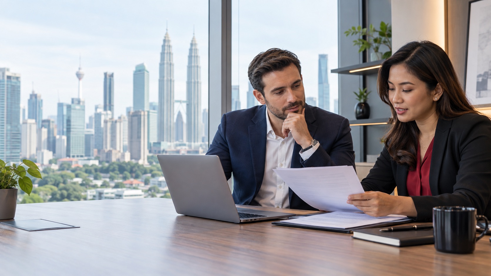 Foreign entrepreneur reviewing Malaysia company registration documents with a local consultant