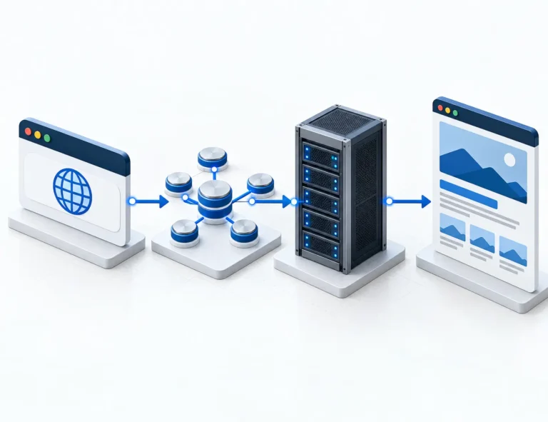Ilustrasi hubungan antara nama domain, DNS dan server hosting yang memaparkan sebuah website.