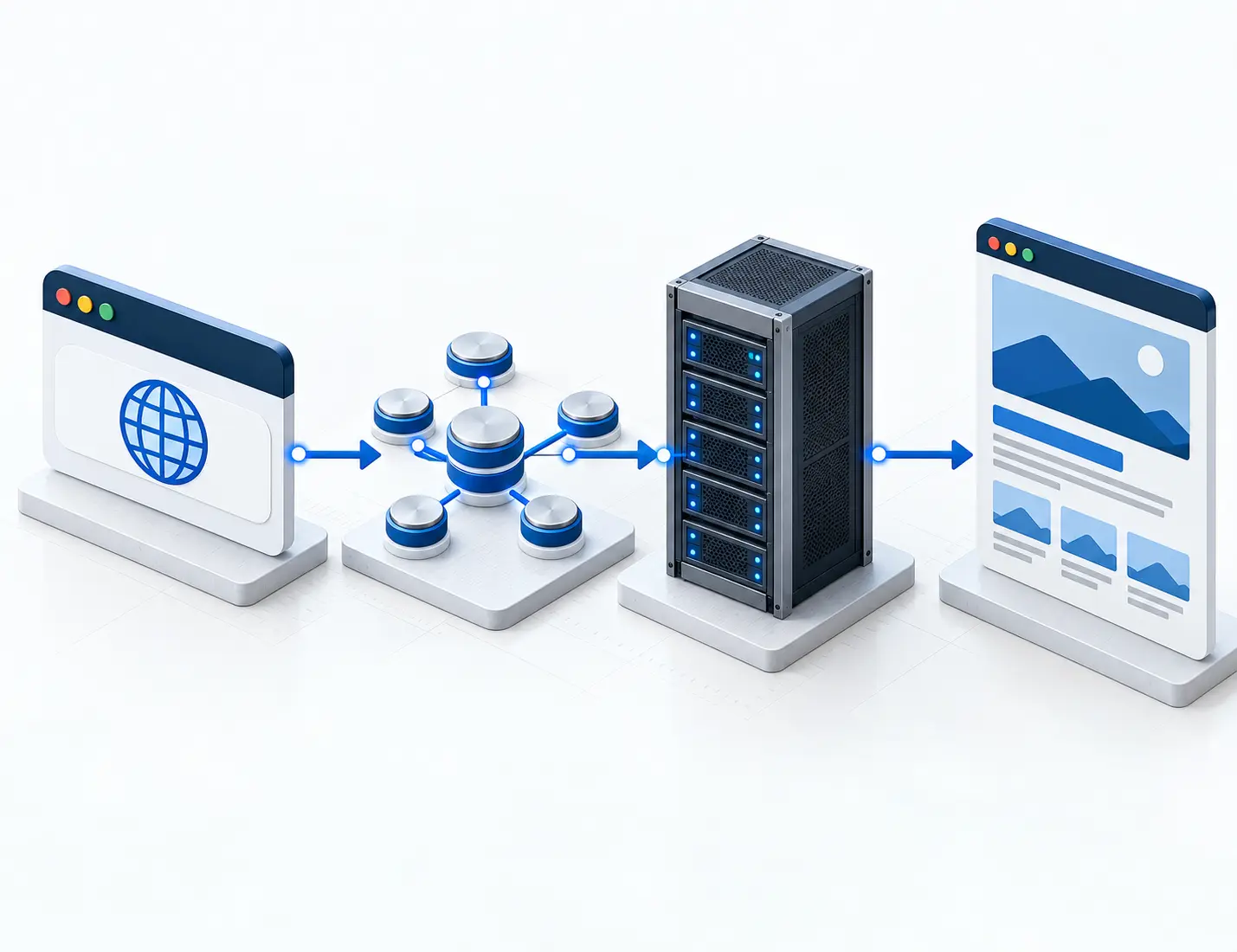 Ilustrasi hubungan antara nama domain, DNS dan server hosting yang memaparkan sebuah website.