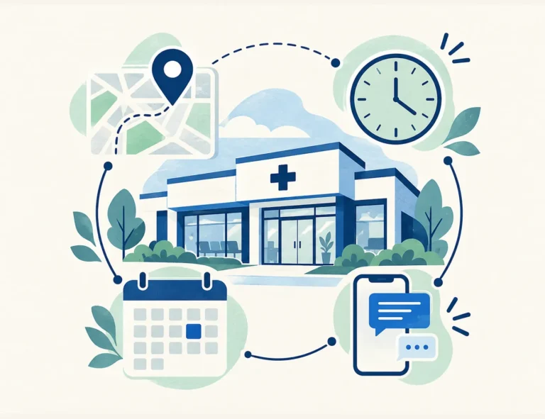 Ilustrasi konsep website klinik dengan premis, pin lokasi, waktu operasi dan kad permintaan temujanji.