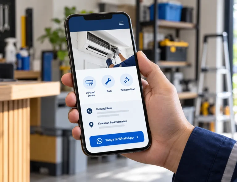 Telefon memaparkan contoh website servis satu halaman dengan maklumat perniagaan dan butang pertanyaan.