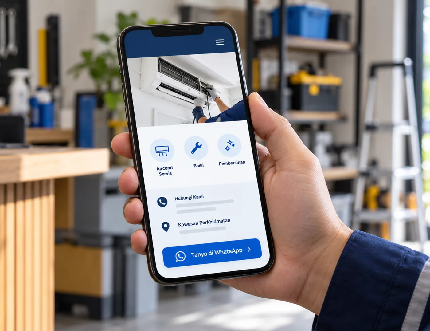 Telefon memaparkan contoh website servis satu halaman dengan maklumat perniagaan dan butang pertanyaan.