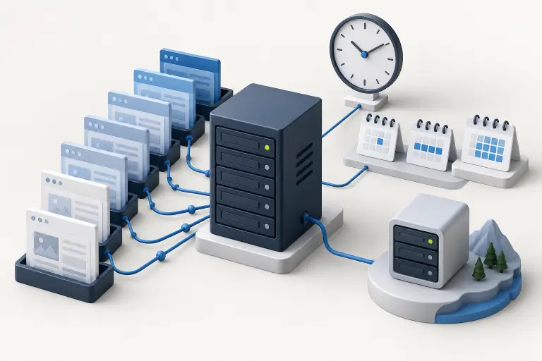 Ilustrasi server dengan beberapa lapisan backup, versi fail dan jam untuk jadual pemulihan WordPress