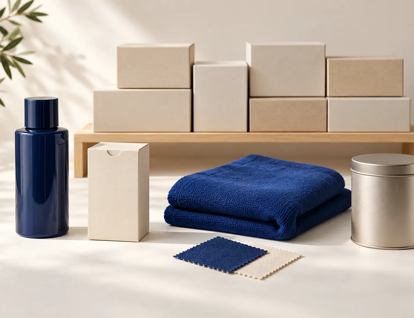 Empat produk generik dengan variasi warna dan kotak stok di rak kecil, menggambarkan perbezaan jumlah produk dan kerumitan operasi e-commerce.