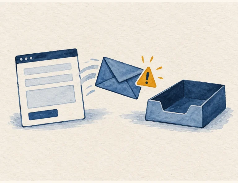 Ilustrasi sampul e-mel yang terhenti antara borang website dan dulang inbox.