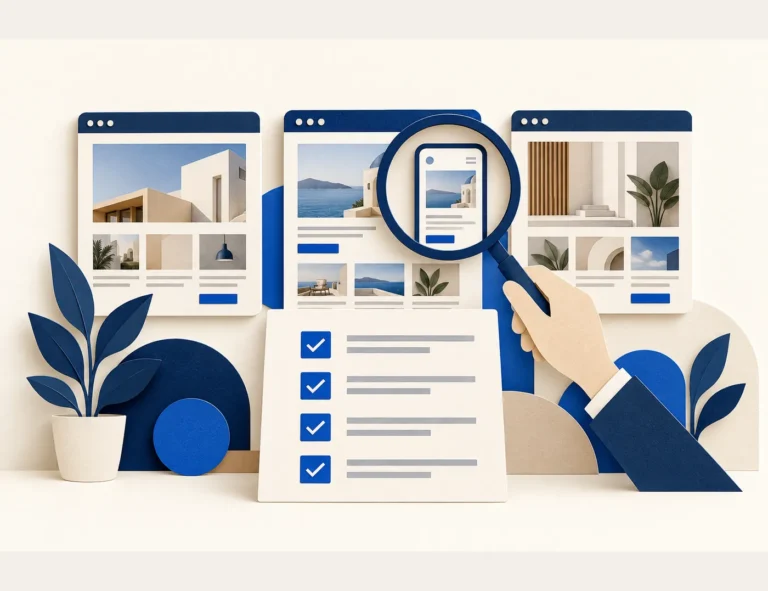 Ilustrasi panel portfolio website dan checklist pemilihan web designer yang menilai paparan telefon serta skop kerja.