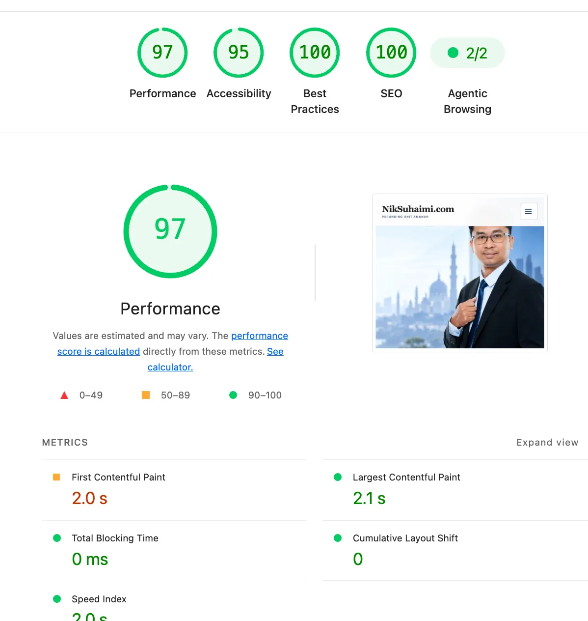 Tangkap layar laporan prestasi NikSuhaimi.com yang menunjukkan skor Performance 97, LCP 2.1 saat, TBT 0 milisaat dan CLS 0.