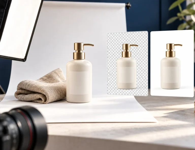 Studio foto kecil dengan botol produk dan contoh gambar berlatar putih serta lutsinar.
