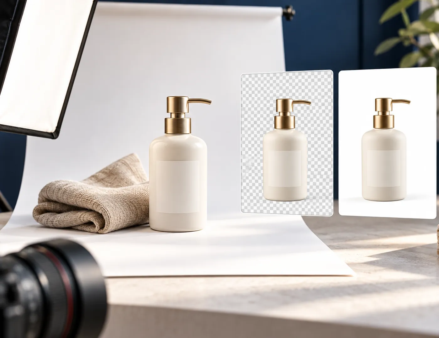 Studio foto kecil dengan botol produk dan contoh gambar berlatar putih serta lutsinar.