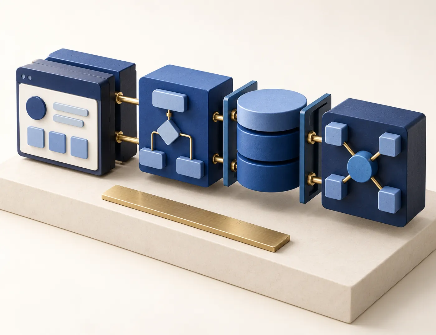 Model modular isometrik dengan blok antara muka, aliran kerja, data dan penyambung yang menggambarkan skop sistem custom.