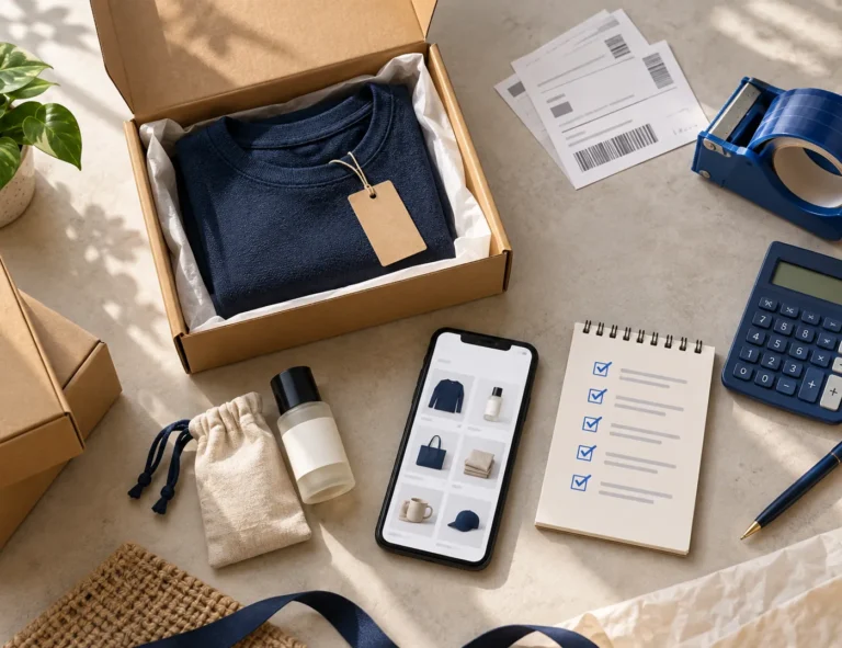 Meja pembungkusan produk dengan telefon kedai online dan senarai bajet pembangunan website e-commerce.