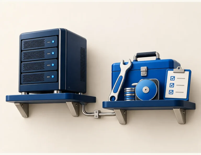 Ilustrasi server hosting bersambung dengan toolkit maintenance, disk backup dan checklist pemeriksaan website.