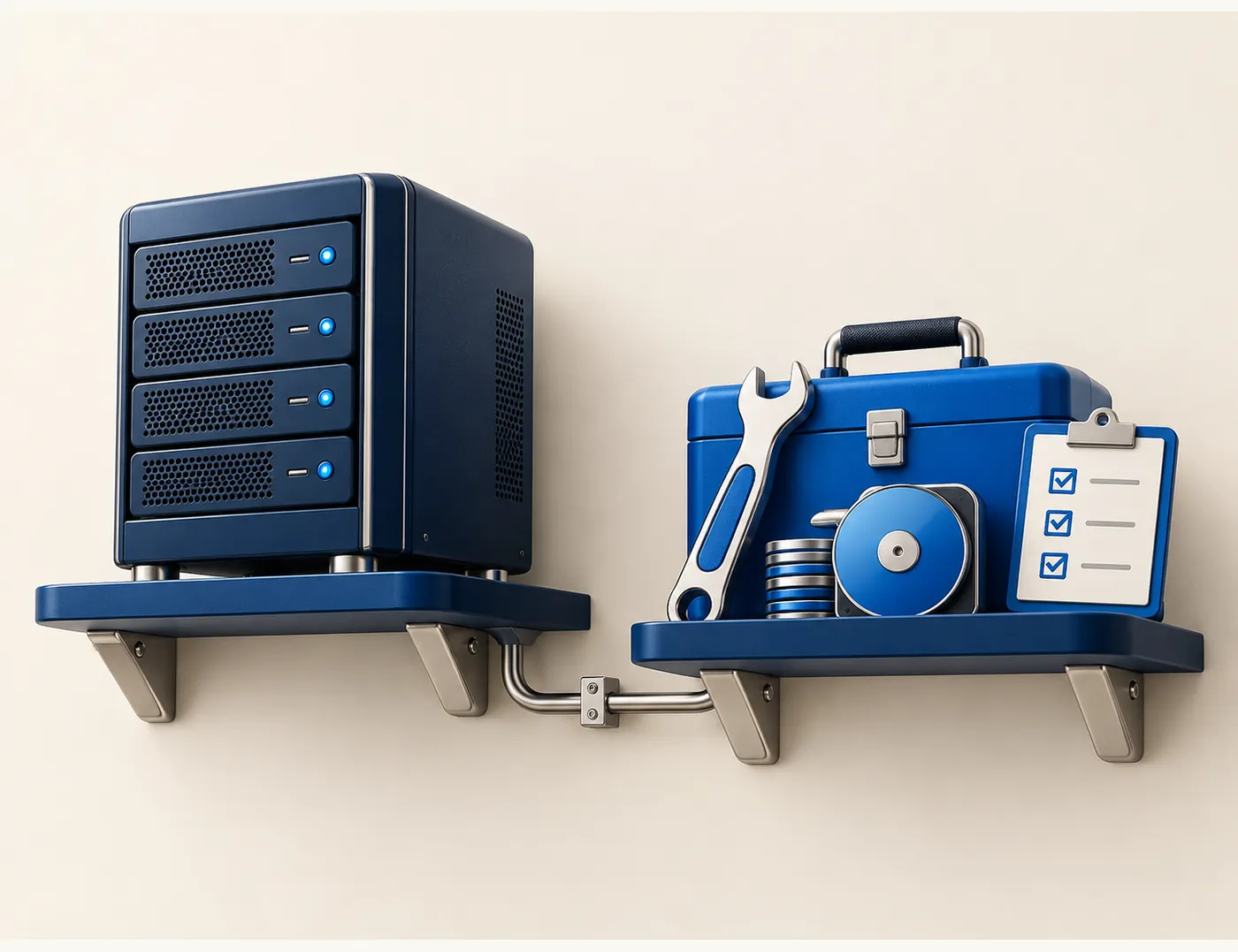 Ilustrasi server hosting bersambung dengan toolkit maintenance, disk backup dan checklist pemeriksaan website.