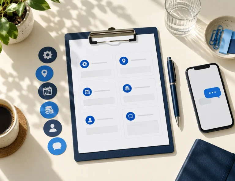 Susunan clipboard borang pertanyaan ringkas, pen dan telefon di atas meja.
