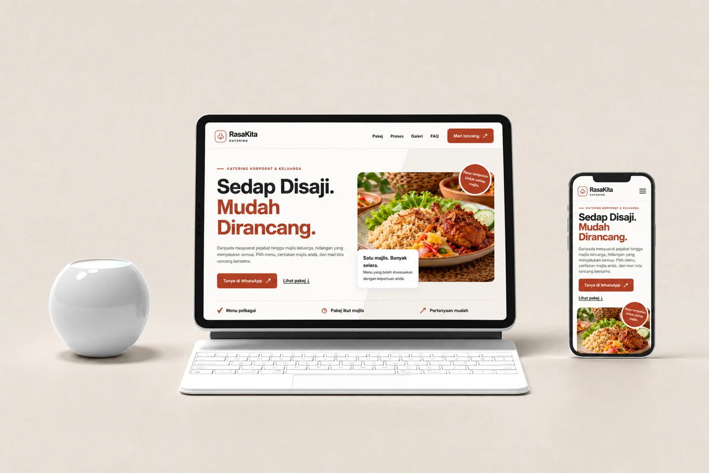 Contoh paparan desktop dan mobile demo RasaKita Katering, Website Ekspress Alfatih Studio