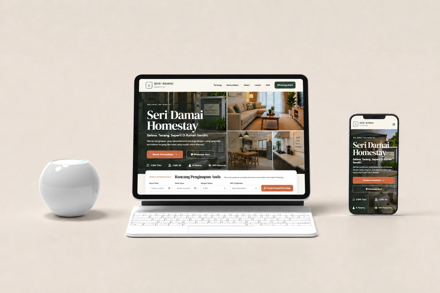 Mockup desktop dan mobile demo Seri Damai Homestay