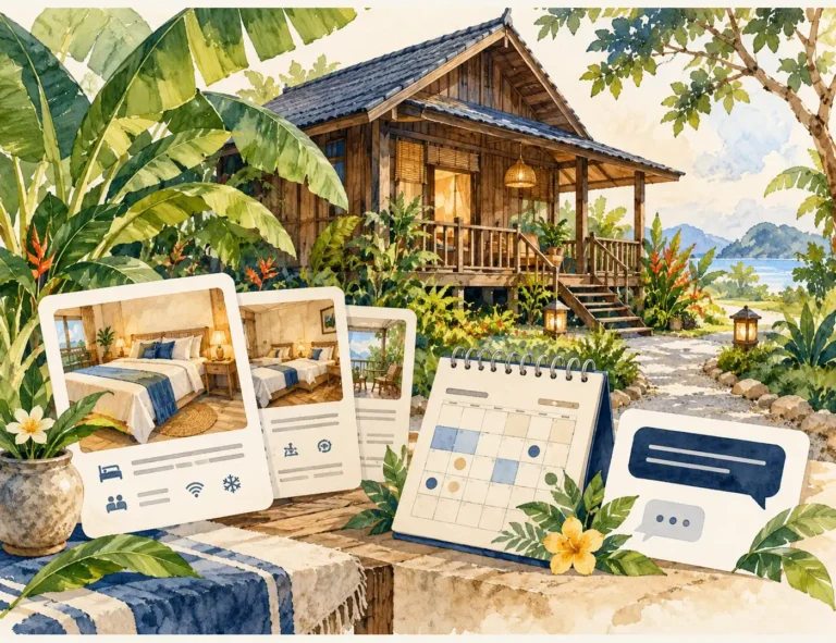 Ilustrasi konsep chalet tropika dengan kad unit penginapan, kalendar tarikh dan laluan pertanyaan tempahan.