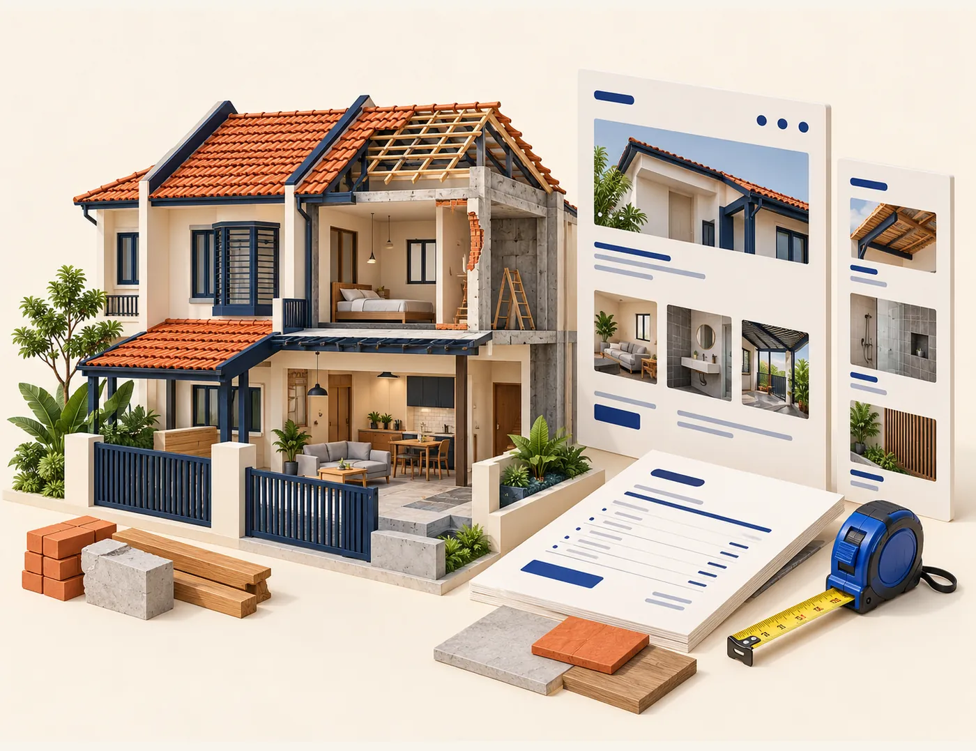 Ilustrasi konsep rumah renovasi dengan kad servis website, portfolio projek dan dokumen quotation kontraktor.