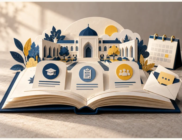 Ilustrasi konsep buku terbuka dengan binaan sekolah daripada kertas, tab program, kalendar dan sampul pertanyaan.